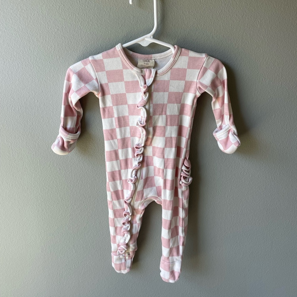 Siix Collection Organic Frill Pink Checker Ruffle Footed One-Piece Sleeper